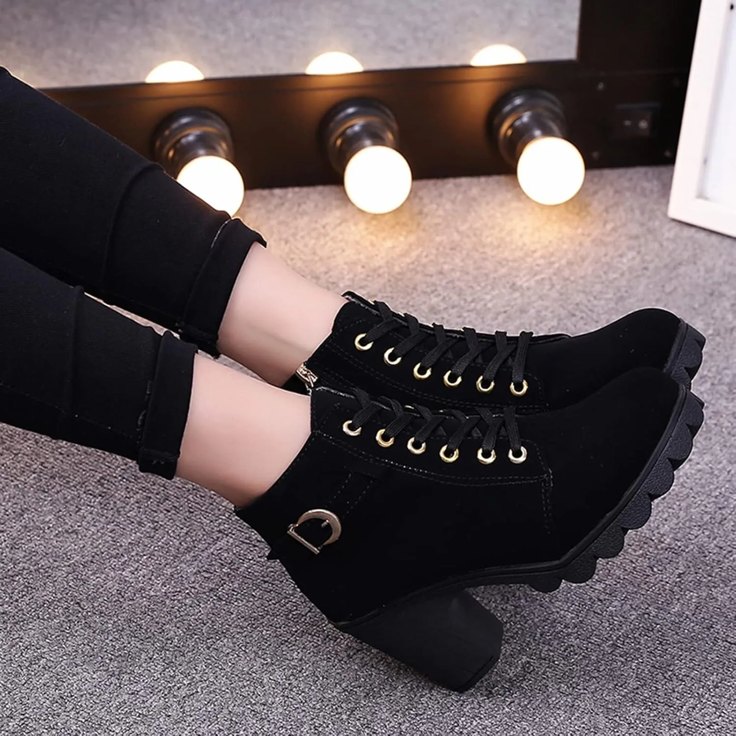 ZBYY Womens Mid Heel Chunky Platform Ankle Booties Leather Side Zipper Closed Toe Stacked Dress Chelsea Boots