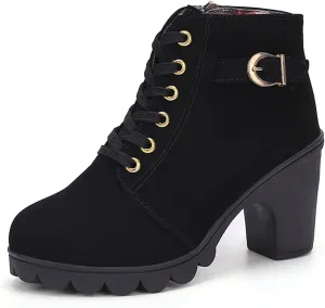 ZBYY Womens Mid Heel Chunky Platform Ankle Booties Leather Side Zipper Closed Toe Stacked Dress Chelsea Boots