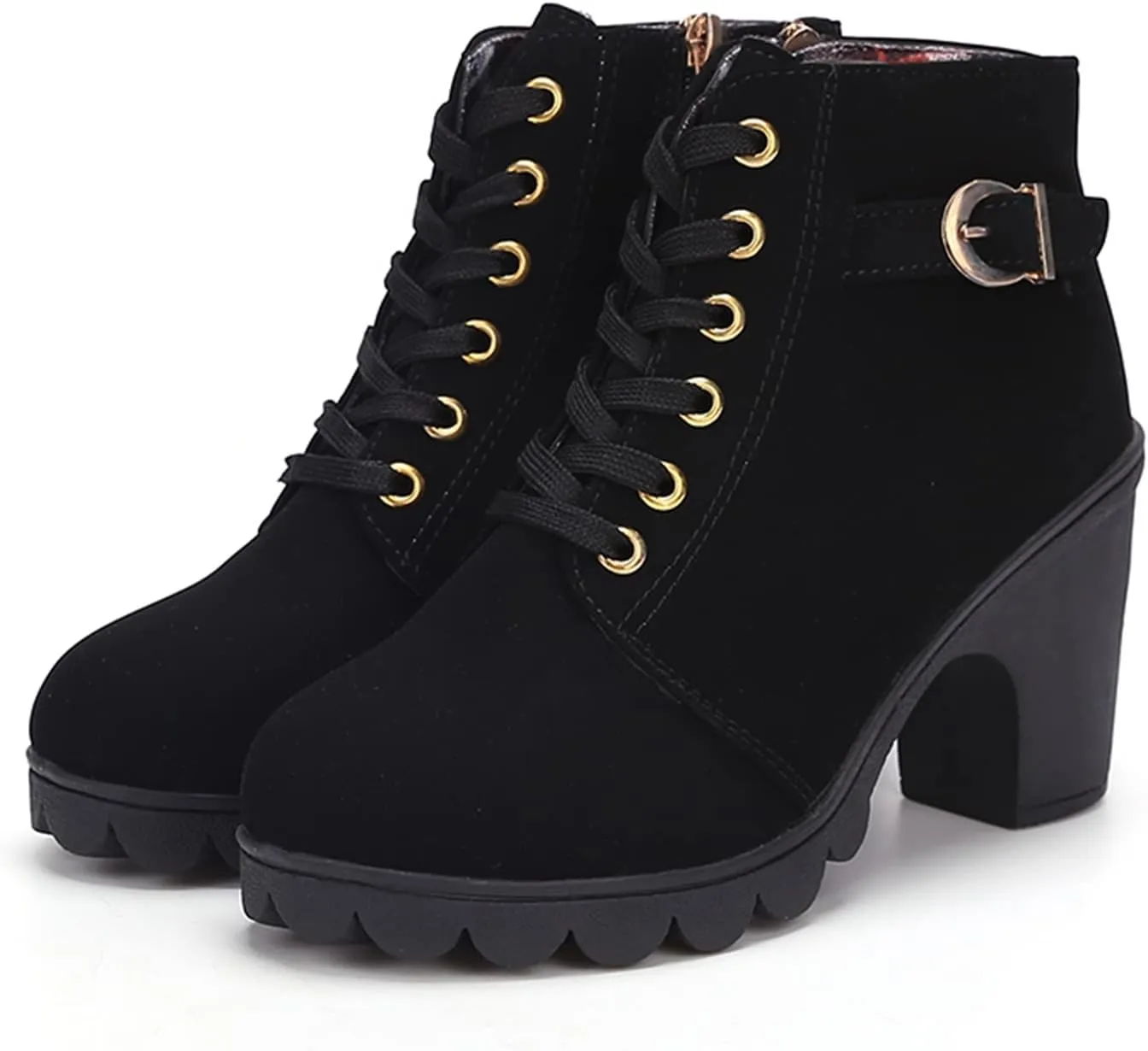 ZBYY Womens Mid Heel Chunky Platform Ankle Booties Leather Side Zipper Closed Toe Stacked Dress Chelsea Boots
