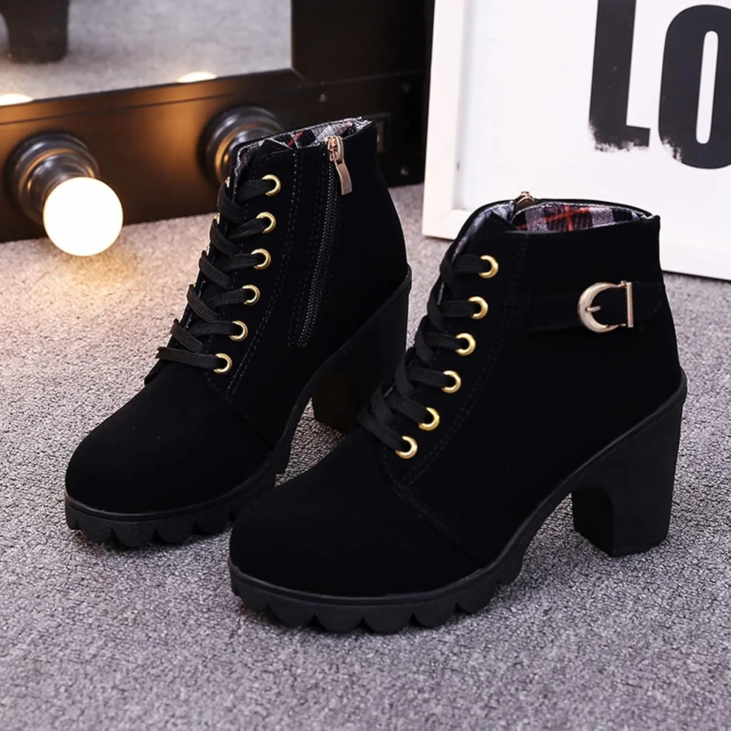 ZBYY Womens Mid Heel Chunky Platform Ankle Booties Leather Side Zipper Closed Toe Stacked Dress Chelsea Boots