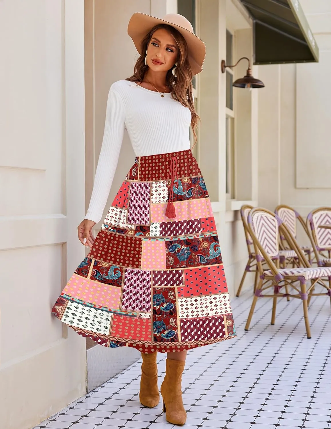 Zeagoo Womens Flowy Pleated Skirts A Line Elastic High Waisted Midi Skirt Boho Casual Long Skirts Brown Leaf Print XXL