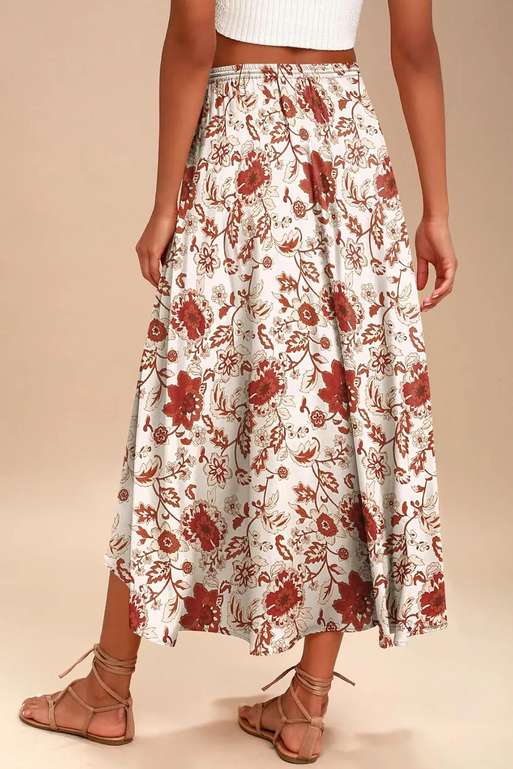 Zeagoo Womens Flowy Pleated Skirts A Line Elastic High Waisted Midi Skirt Boho Casual Long Skirts Brown Leaf Print XXL