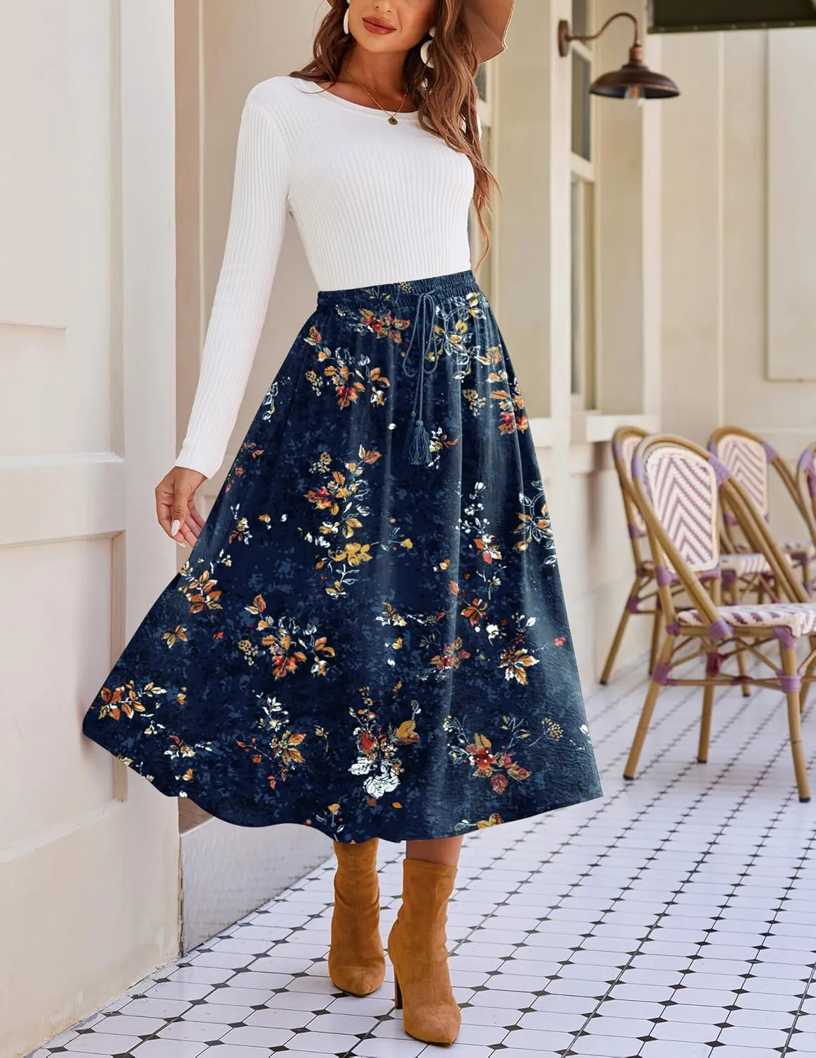 Zeagoo Womens Flowy Pleated Skirts A Line Elastic High Waisted Midi Skirt Boho Casual Long Skirts Brown Leaf Print XXL
