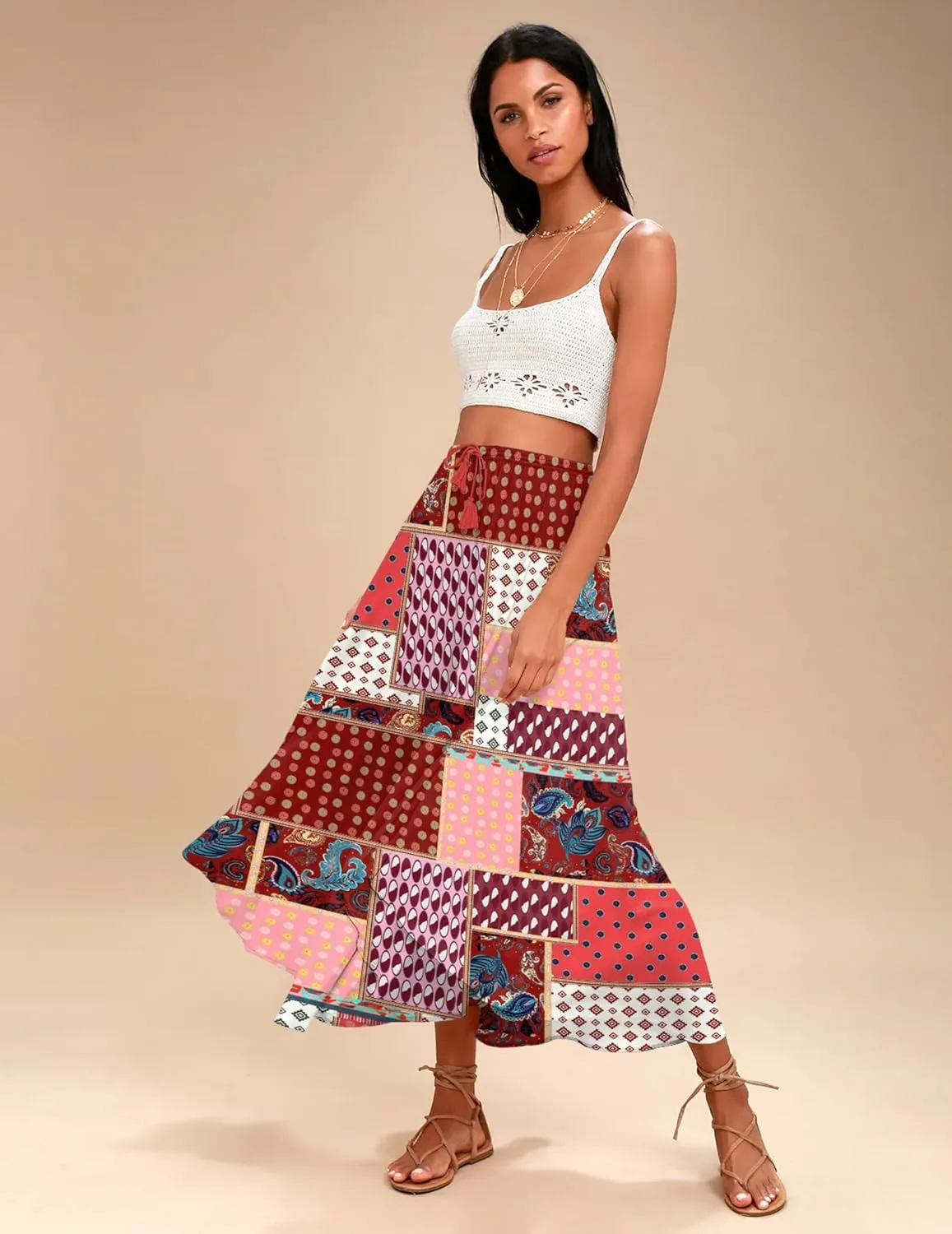 Zeagoo Womens Flowy Pleated Skirts A Line Elastic High Waisted Midi Skirt Boho Casual Long Skirts Brown Leaf Print XXL