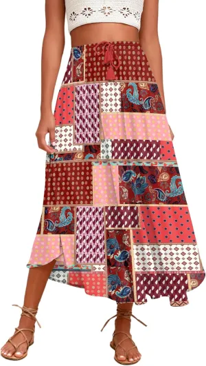 Zeagoo Womens Flowy Pleated Skirts A Line Elastic High Waisted Midi Skirt Boho Casual Long Skirts Brown Leaf Print XXL