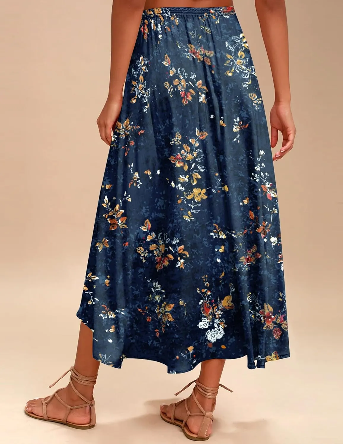 Zeagoo Womens Flowy Pleated Skirts A Line Elastic High Waisted Midi Skirt Boho Casual Long Skirts Brown Leaf Print XXL
