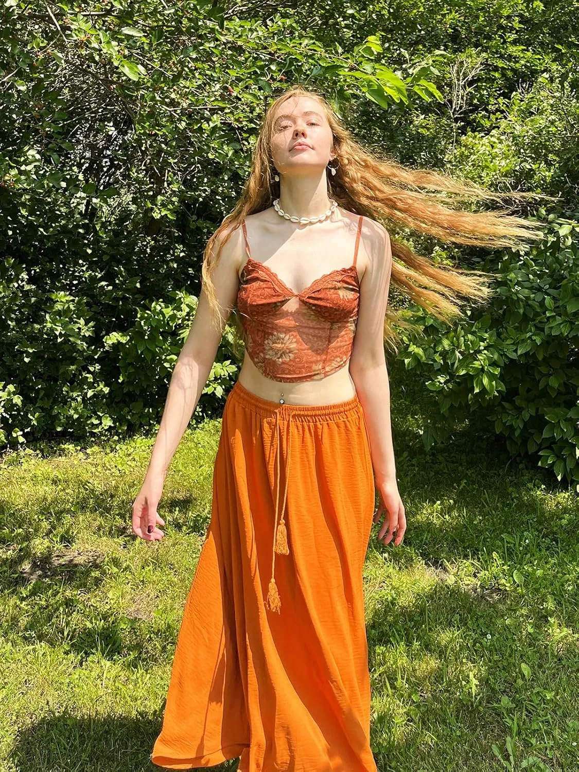 Zeagoo Womens Flowy Pleated Skirts A Line Elastic High Waisted Midi Skirt Boho Casual Long Skirts Brown Leaf Print XXL