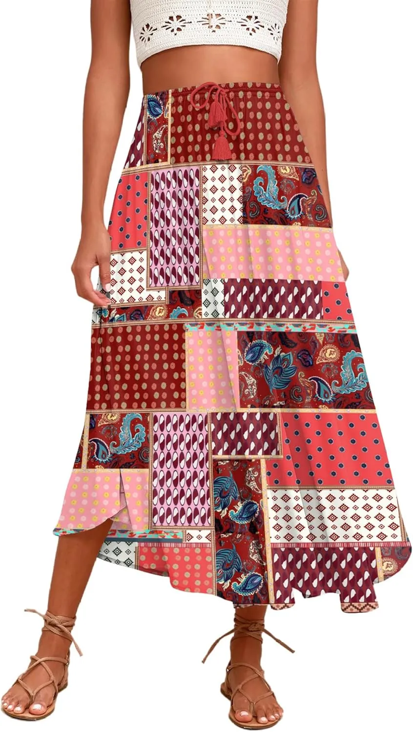 Zeagoo Womens Flowy Pleated Skirts A Line Elastic High Waisted Midi Skirt Boho Casual Long Skirts Brown Leaf Print XXL