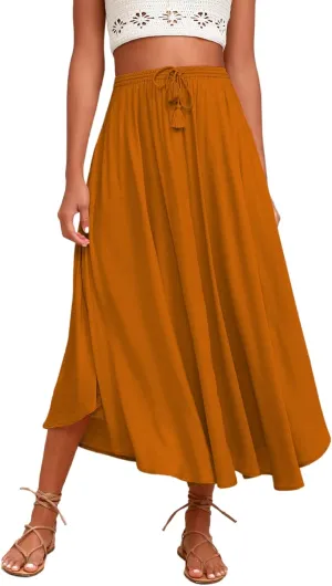 Zeagoo Womens Flowy Pleated Skirts A Line Elastic High Waisted Midi Skirt Boho Casual Long Skirts Brown Leaf Print XXL