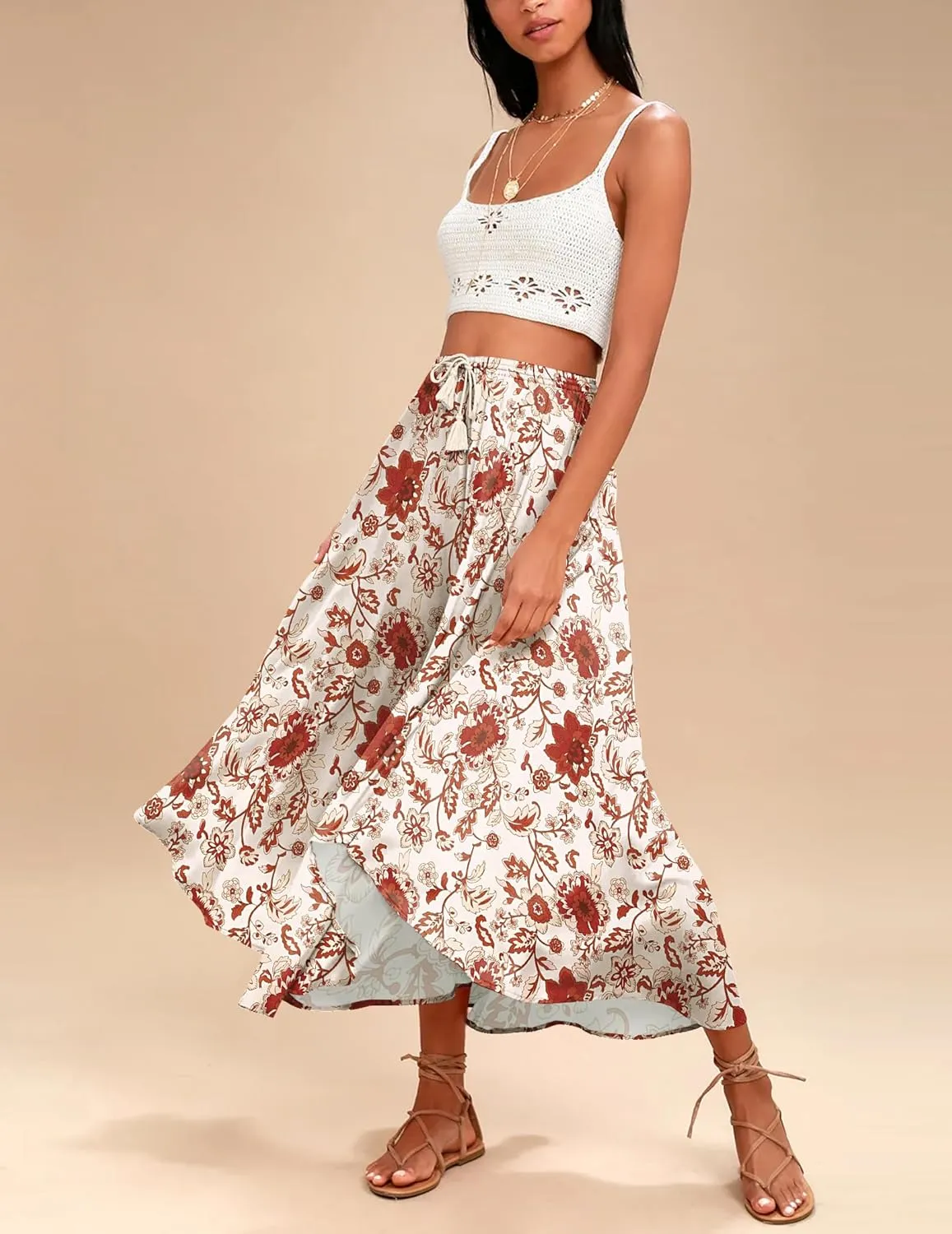Zeagoo Womens Flowy Pleated Skirts A Line Elastic High Waisted Midi Skirt Boho Casual Long Skirts Brown Leaf Print XXL