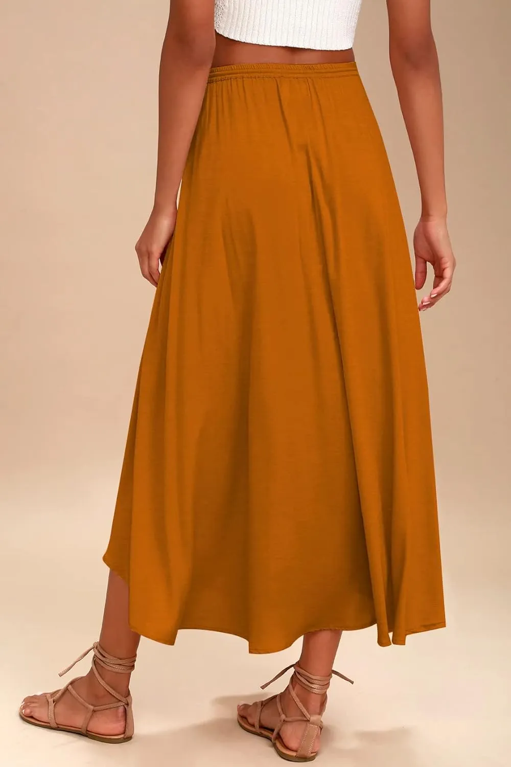 Zeagoo Womens Flowy Pleated Skirts A Line Elastic High Waisted Midi Skirt Boho Casual Long Skirts Brown Leaf Print XXL