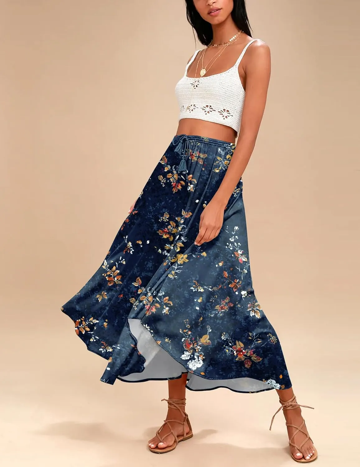 Zeagoo Womens Flowy Pleated Skirts A Line Elastic High Waisted Midi Skirt Boho Casual Long Skirts Brown Leaf Print XXL