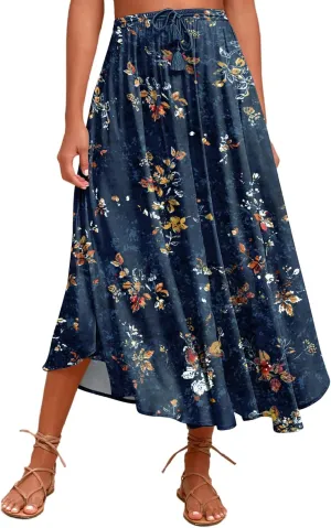 Zeagoo Womens Flowy Pleated Skirts A Line Elastic High Waisted Midi Skirt Boho Casual Long Skirts Brown Leaf Print XXL