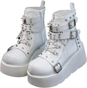 ZKXYFFS Platform Ankle Boots for Women Chunky High Heel Booties Goth Round Toe Combat Wedges Boots Buckle Studded Motorcycle Booties