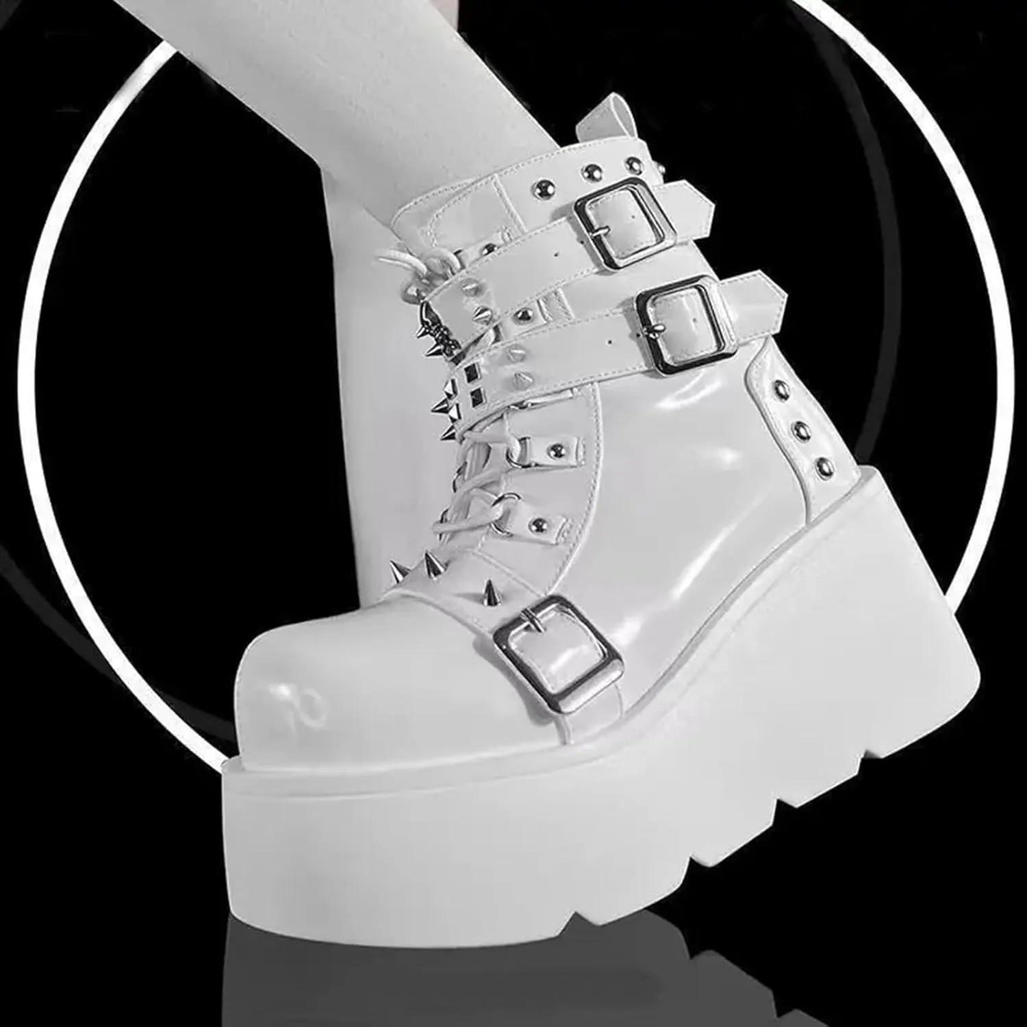 ZKXYFFS Platform Ankle Boots for Women Chunky High Heel Booties Goth Round Toe Combat Wedges Boots Buckle Studded Motorcycle Booties