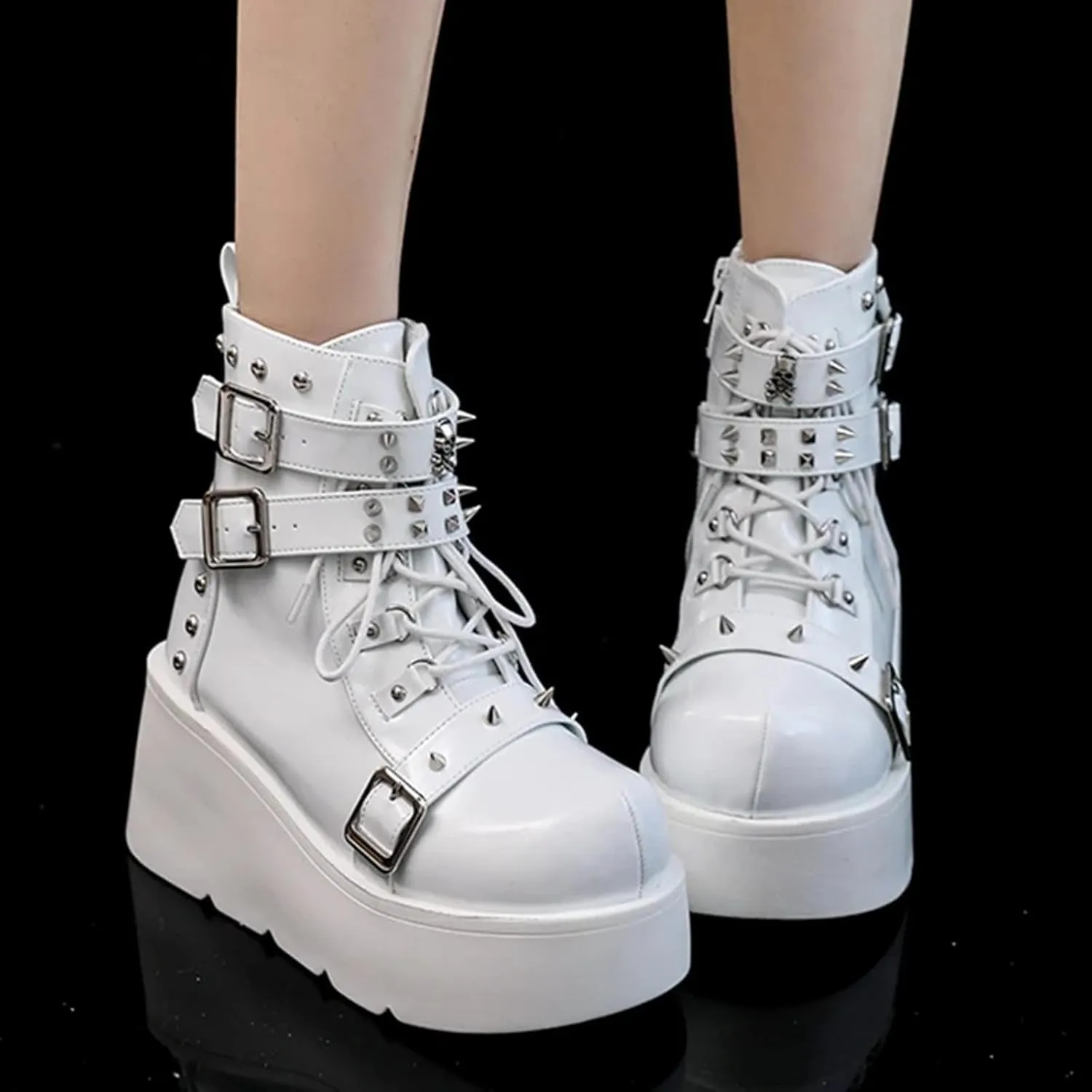 ZKXYFFS Platform Ankle Boots for Women Chunky High Heel Booties Goth Round Toe Combat Wedges Boots Buckle Studded Motorcycle Booties