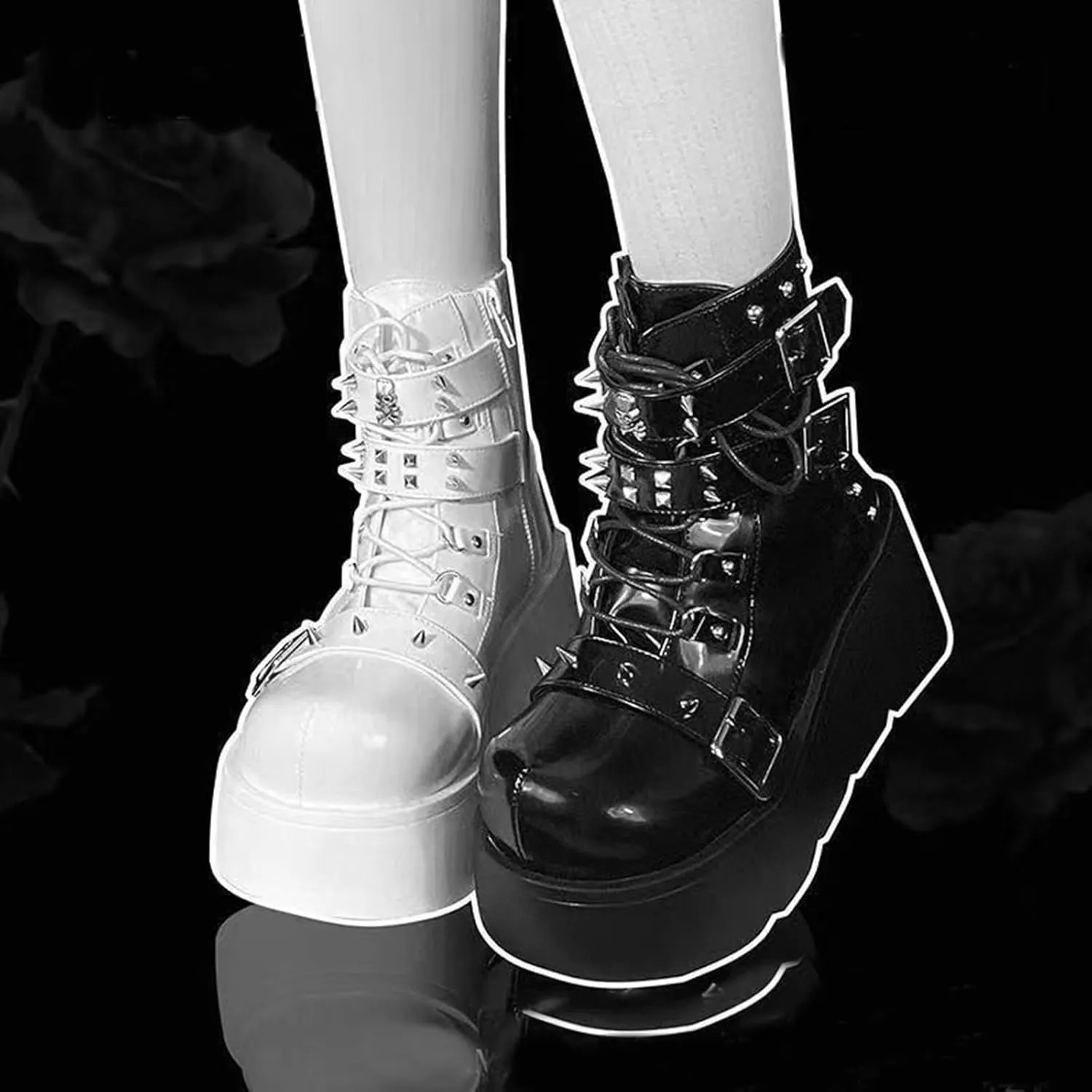 ZKXYFFS Platform Ankle Boots for Women Chunky High Heel Booties Goth Round Toe Combat Wedges Boots Buckle Studded Motorcycle Booties