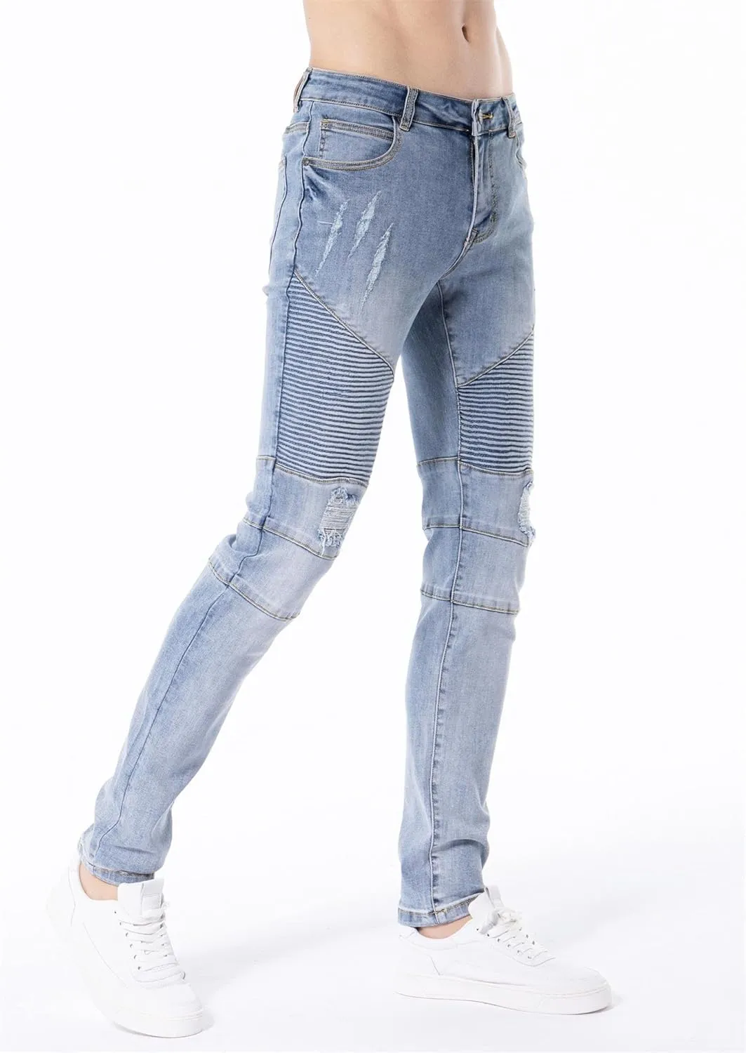 ZLZ Black Biker Jeans for Men, Slim Fit, Comfy Stretch Ripped Distressed Biker Pants, Designer Jeans