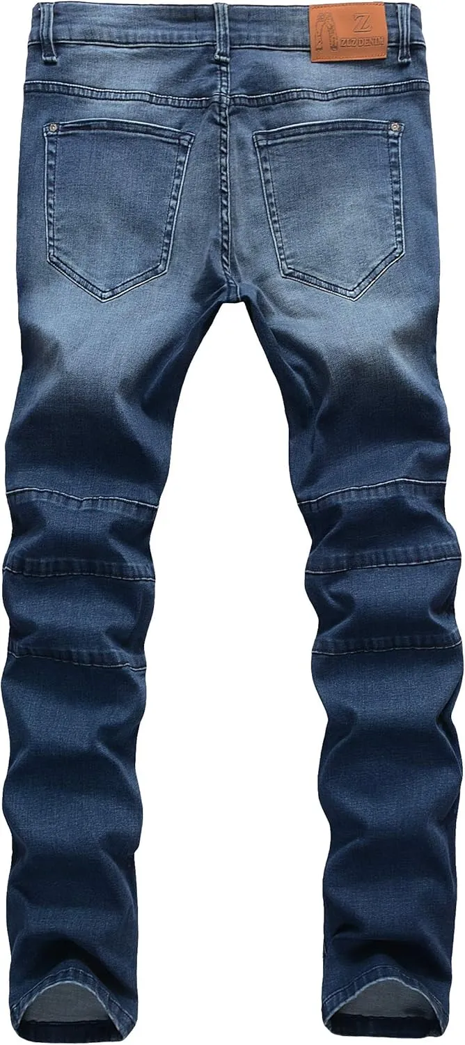 ZLZ Black Biker Jeans for Men, Slim Fit, Comfy Stretch Ripped Distressed Biker Pants, Designer Jeans