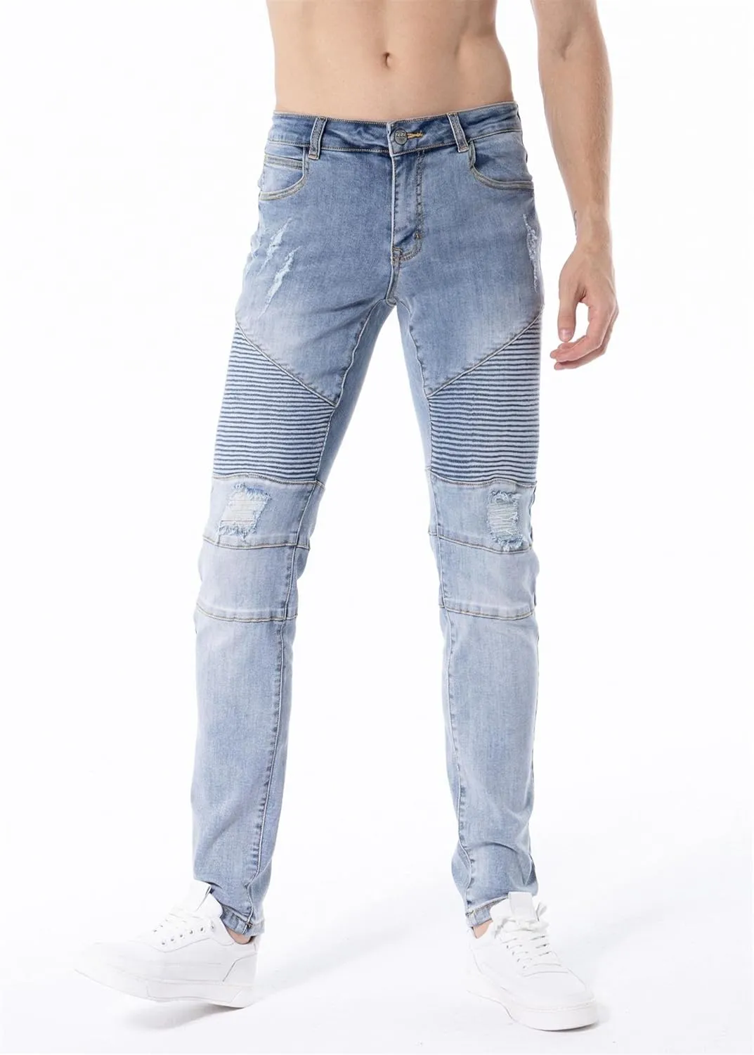 ZLZ Black Biker Jeans for Men, Slim Fit, Comfy Stretch Ripped Distressed Biker Pants, Designer Jeans