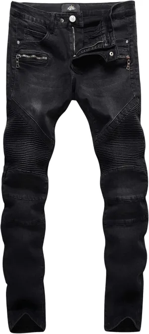 ZLZ Black Biker Jeans for Men, Slim Fit, Comfy Stretch Ripped Distressed Biker Pants, Designer Jeans