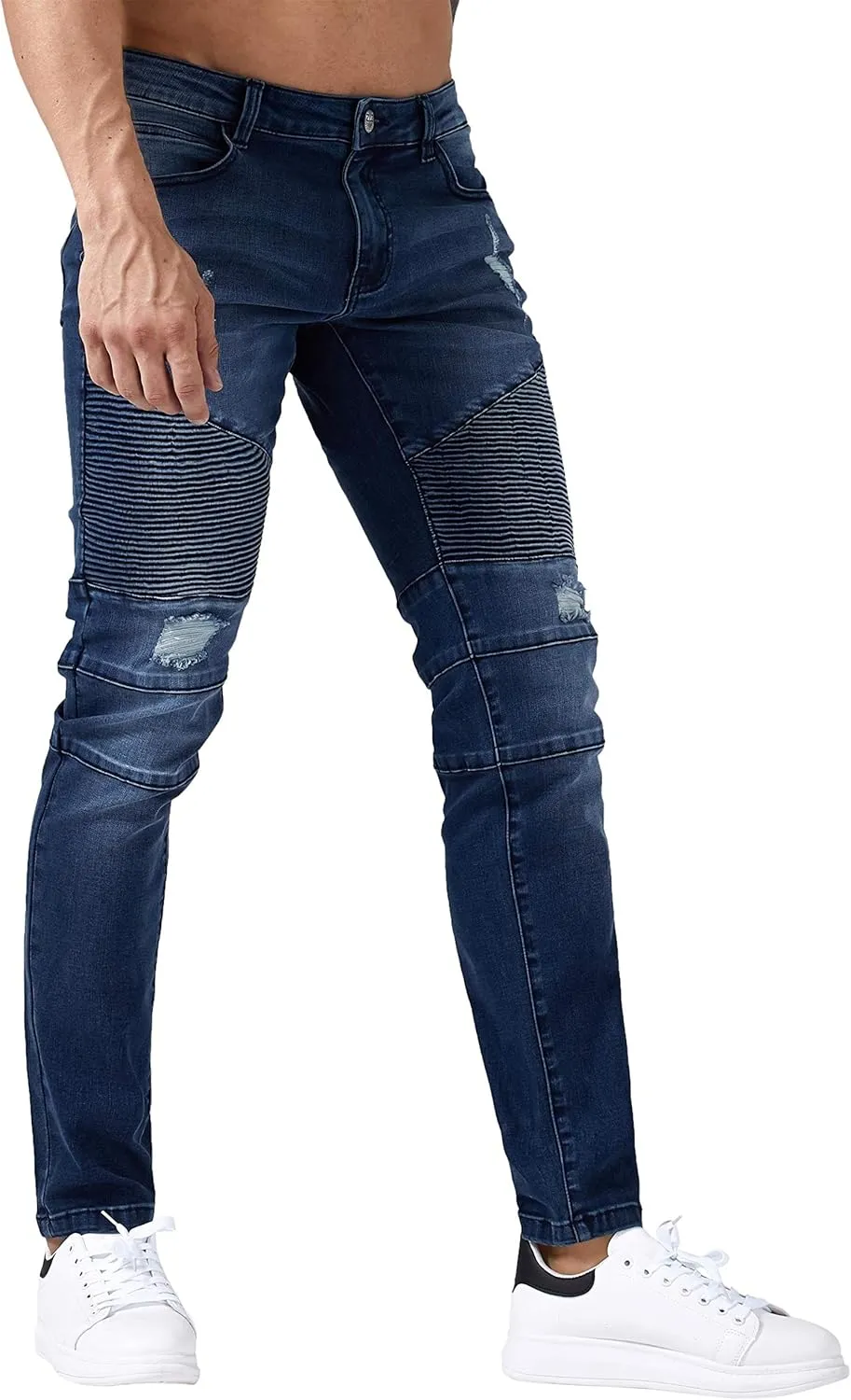 ZLZ Black Biker Jeans for Men, Slim Fit, Comfy Stretch Ripped Distressed Biker Pants, Designer Jeans