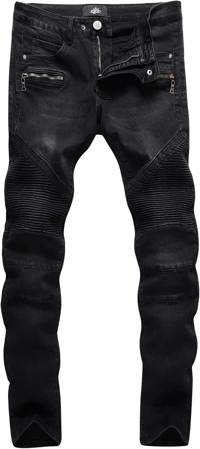 ZLZ Black Biker Jeans for Men, Slim Fit, Comfy Stretch Ripped Distressed Biker Pants, Designer Jeans