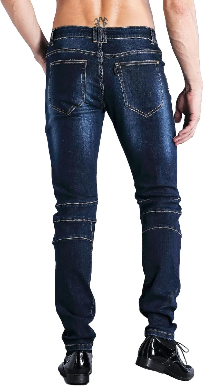 ZLZ Black Biker Jeans for Men, Slim Fit, Comfy Stretch Ripped Distressed Biker Pants, Designer Jeans