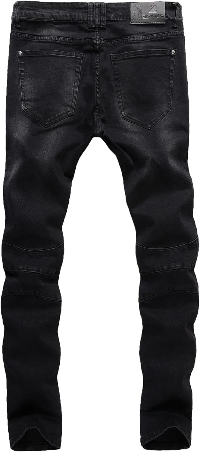 ZLZ Black Biker Jeans for Men, Slim Fit, Comfy Stretch Ripped Distressed Biker Pants, Designer Jeans