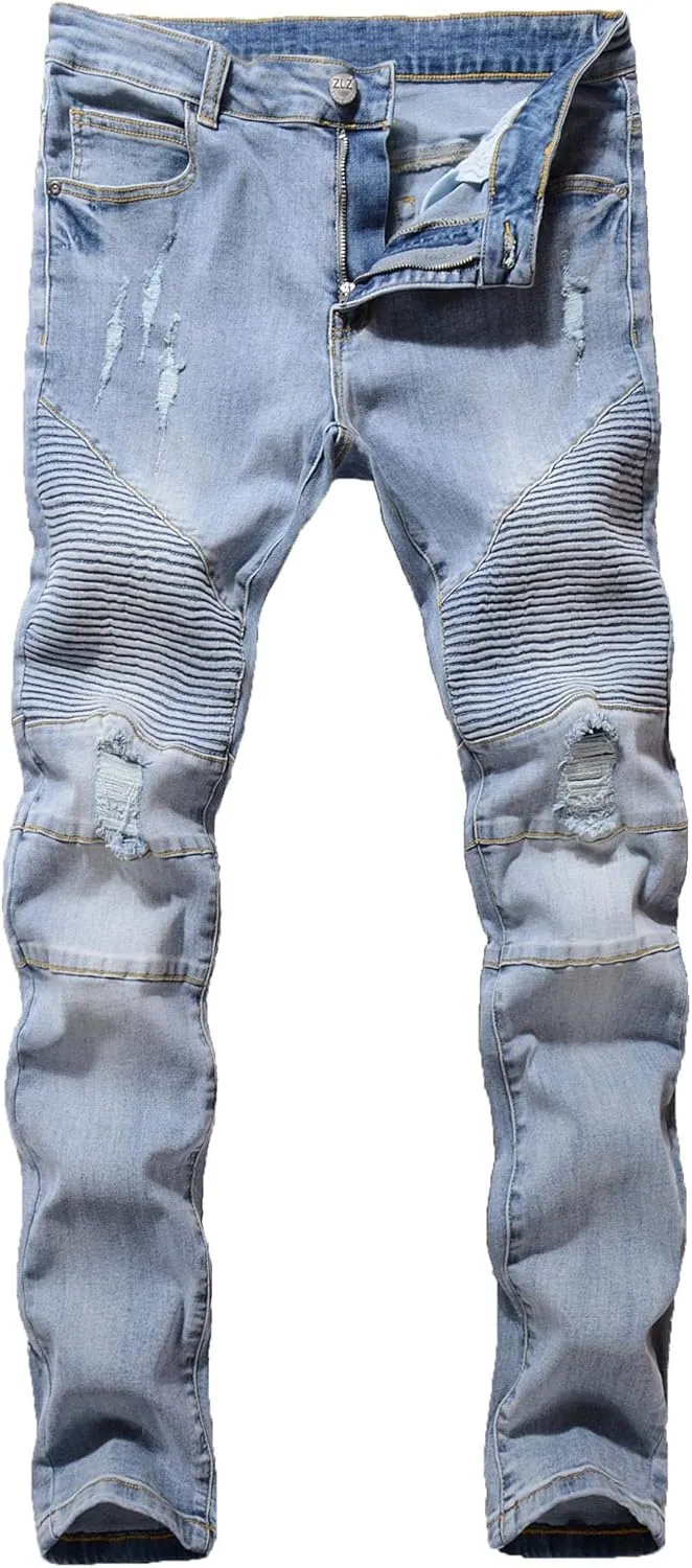 ZLZ Black Biker Jeans for Men, Slim Fit, Comfy Stretch Ripped Distressed Biker Pants, Designer Jeans