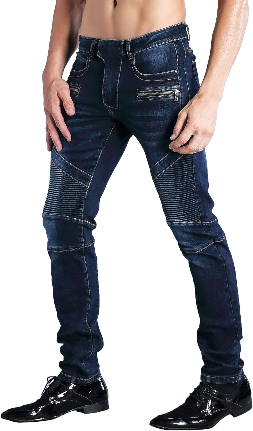 ZLZ Black Biker Jeans for Men, Slim Fit, Comfy Stretch Ripped Distressed Biker Pants, Designer Jeans