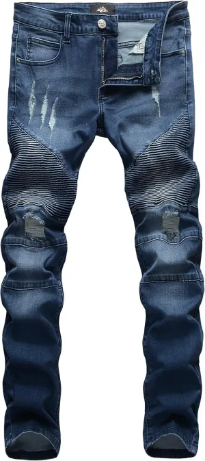 ZLZ Black Biker Jeans for Men, Slim Fit, Comfy Stretch Ripped Distressed Biker Pants, Designer Jeans