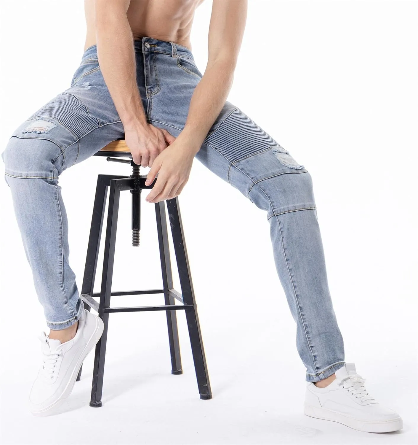 ZLZ Black Biker Jeans for Men, Slim Fit, Comfy Stretch Ripped Distressed Biker Pants, Designer Jeans