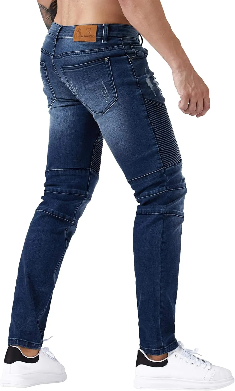 ZLZ Black Biker Jeans for Men, Slim Fit, Comfy Stretch Ripped Distressed Biker Pants, Designer Jeans