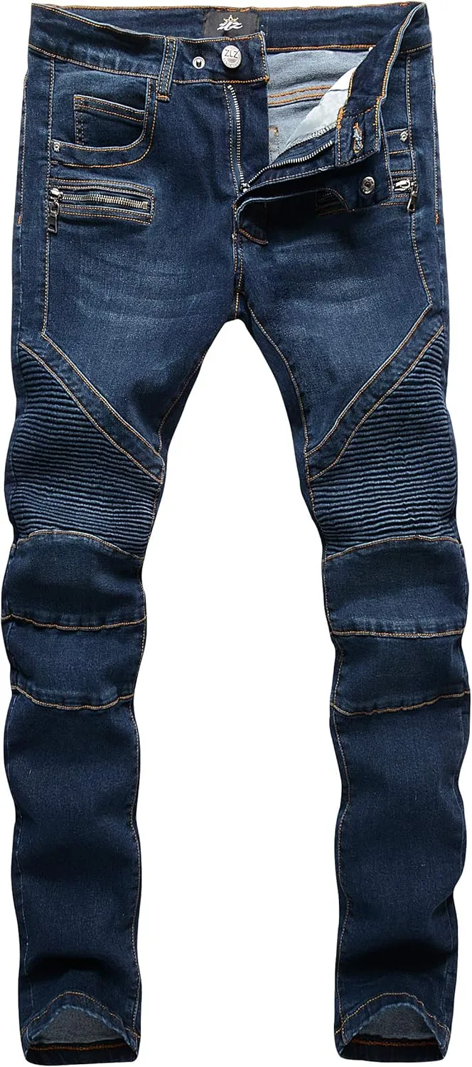 ZLZ Black Biker Jeans for Men, Slim Fit, Comfy Stretch Ripped Distressed Biker Pants, Designer Jeans