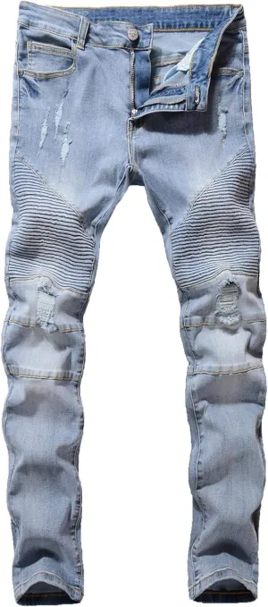 ZLZ Black Biker Jeans for Men, Slim Fit, Comfy Stretch Ripped Distressed Biker Pants, Designer Jeans