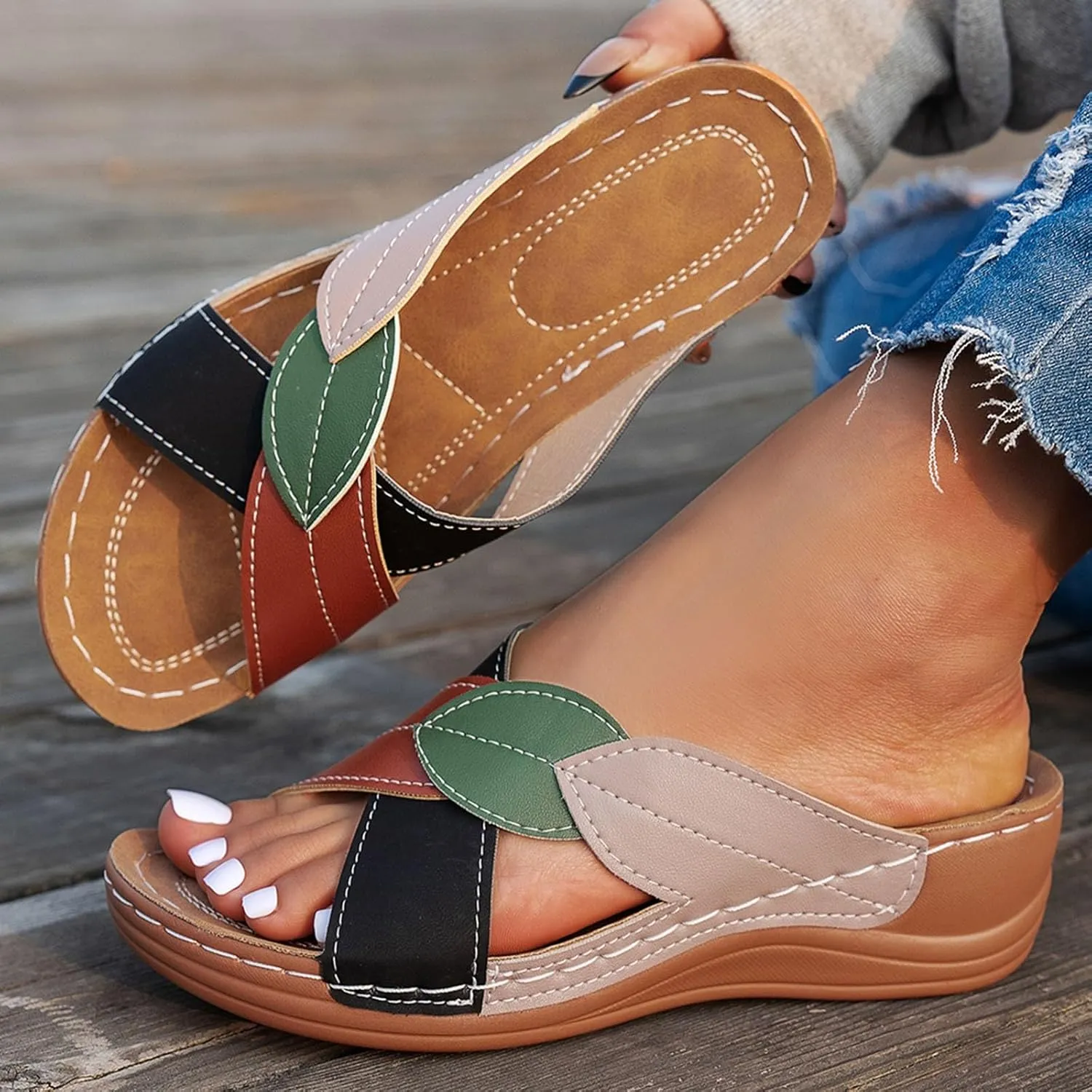 ZSpzx Women's Slide Sandals,Women Arch Support Slides Orthotic Walking Sandals Orthopedic Womens Comfortable Lightweight Wedge Slip On Casual Flip Flops Straps Slip-On Plantar Fasciitis Bunion Sandal