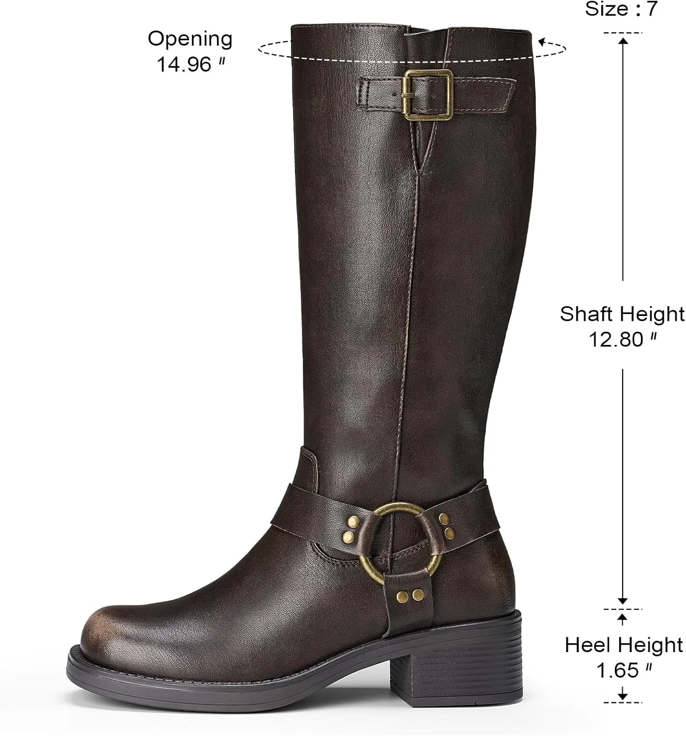 ZURIN Women's Knee High Boots Fashion Buckle Riding Boots Square Toe Chunky Block Heel Vintage Biker Motorcycle Boots for Women