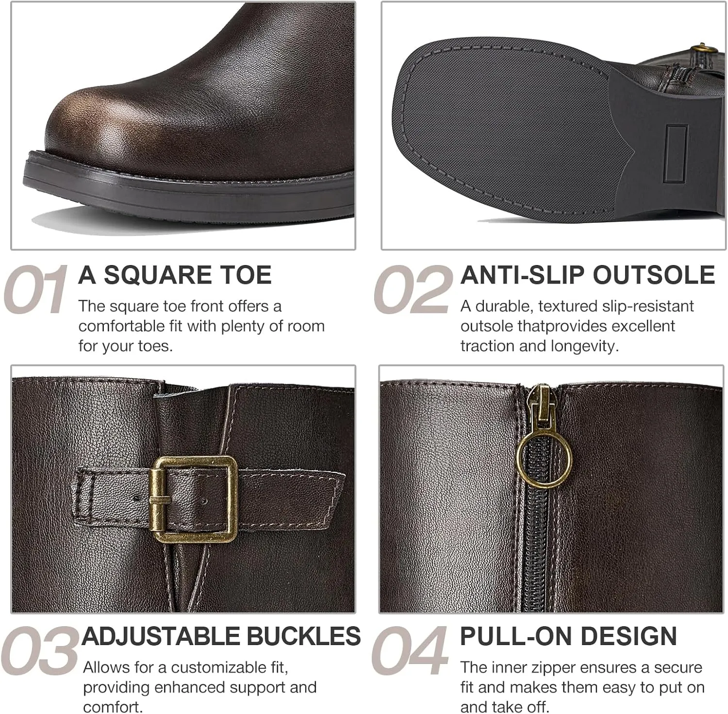 ZURIN Women's Knee High Boots Fashion Buckle Riding Boots Square Toe Chunky Block Heel Vintage Biker Motorcycle Boots for Women