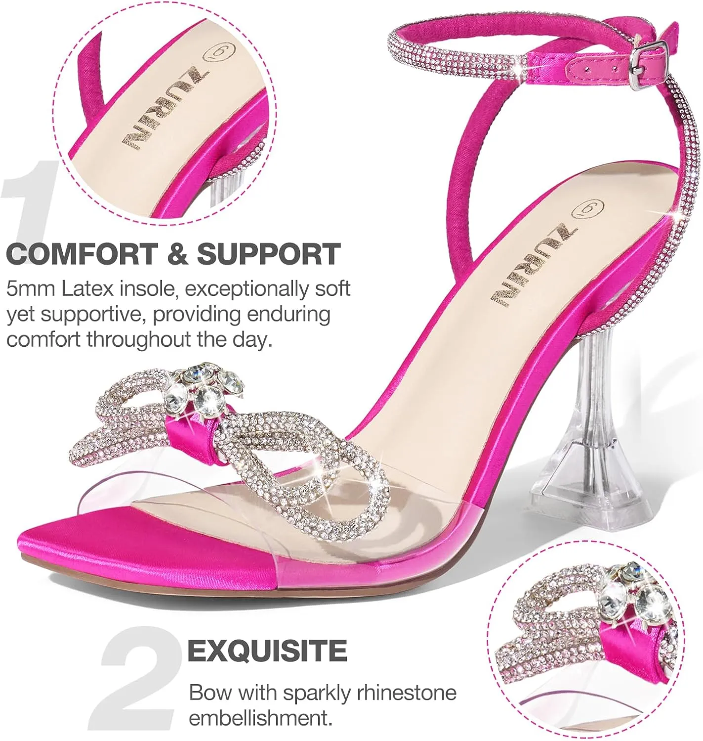 ZURIN Women's Rhinestone Bow Heels Square Toe Clear Heeled Sandals Slingback High Heels Dress Party Evening Prom Crystal Shoes