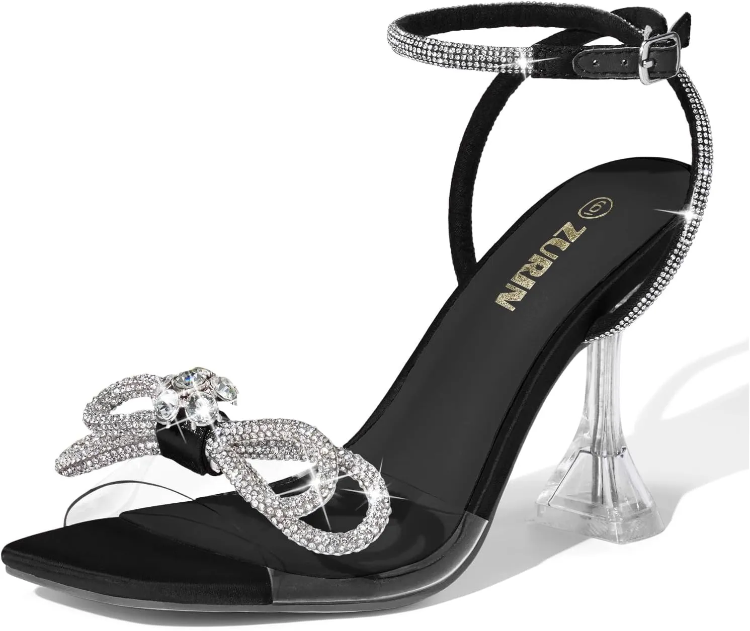 ZURIN Women's Rhinestone Bow Heels Square Toe Clear Heeled Sandals Slingback High Heels Dress Party Evening Prom Crystal Shoes