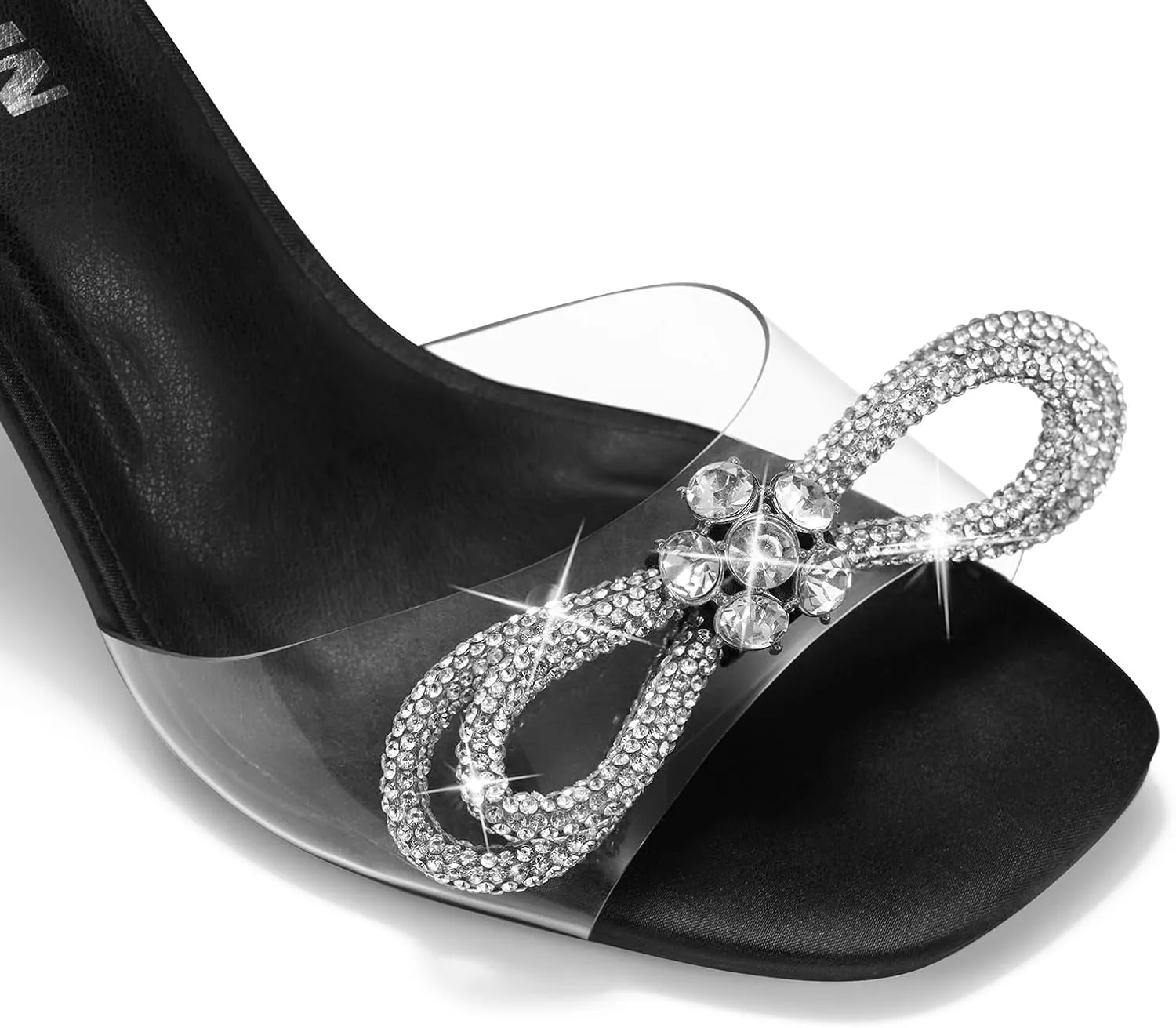 ZURIN Women's Rhinestone Bow Heels Square Toe Clear Heeled Sandals Slingback High Heels Dress Party Evening Prom Crystal Shoes