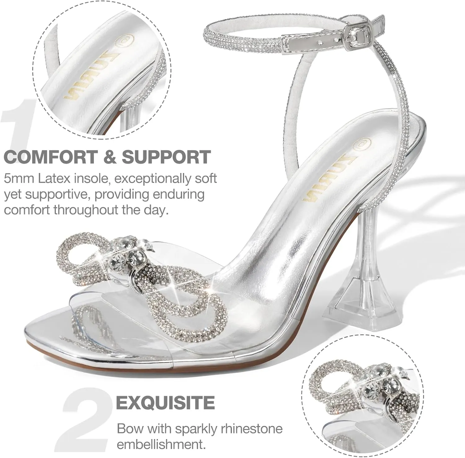 ZURIN Women's Rhinestone Bow Heels Square Toe Clear Heeled Sandals Slingback High Heels Dress Party Evening Prom Crystal Shoes