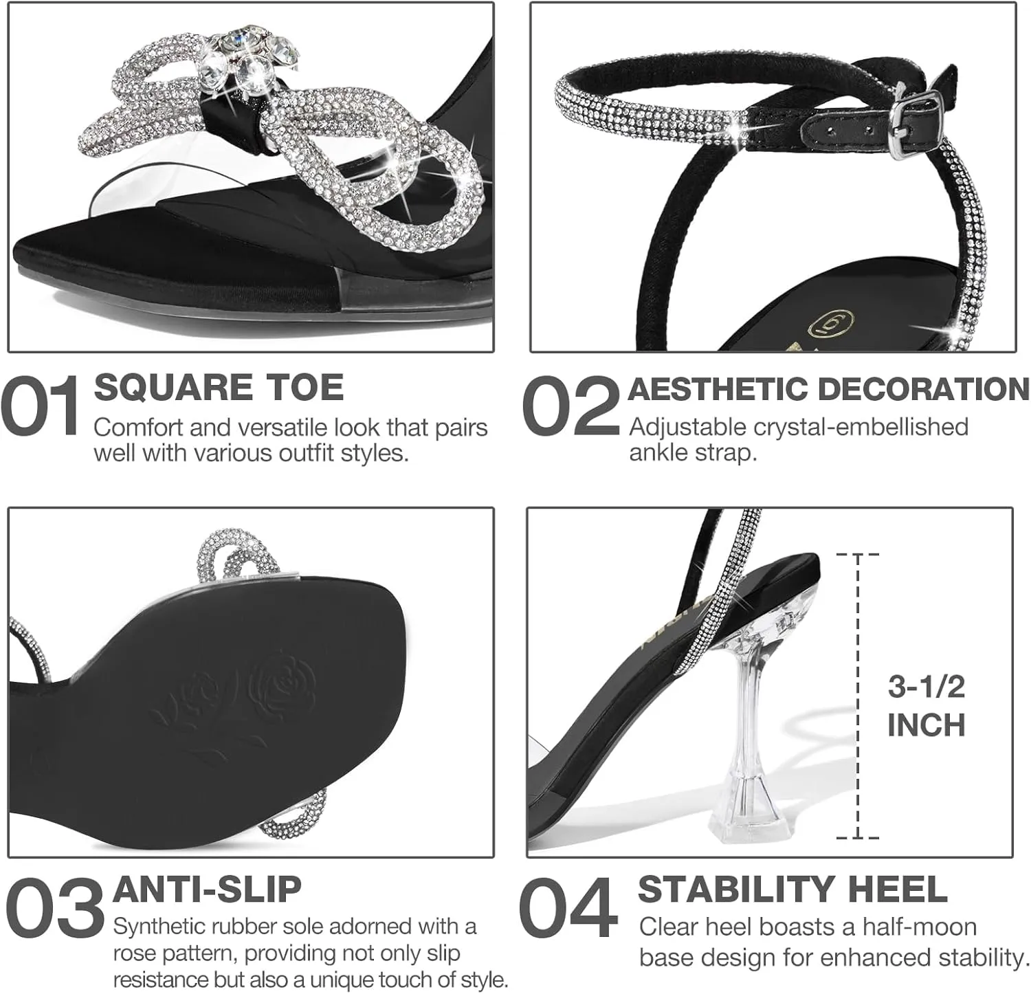 ZURIN Women's Rhinestone Bow Heels Square Toe Clear Heeled Sandals Slingback High Heels Dress Party Evening Prom Crystal Shoes