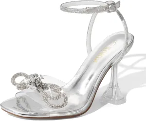 ZURIN Women's Rhinestone Bow Heels Square Toe Clear Heeled Sandals Slingback High Heels Dress Party Evening Prom Crystal Shoes