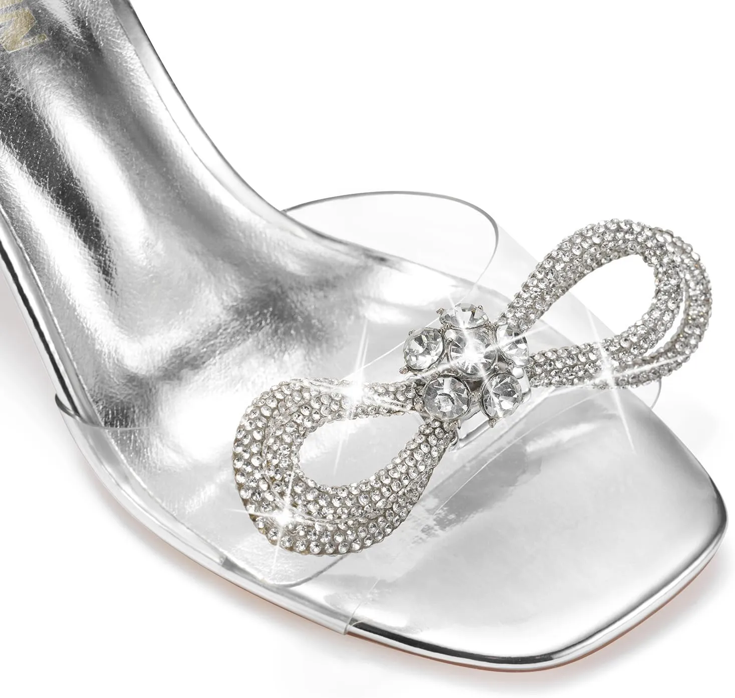 ZURIN Women's Rhinestone Bow Heels Square Toe Clear Heeled Sandals Slingback High Heels Dress Party Evening Prom Crystal Shoes