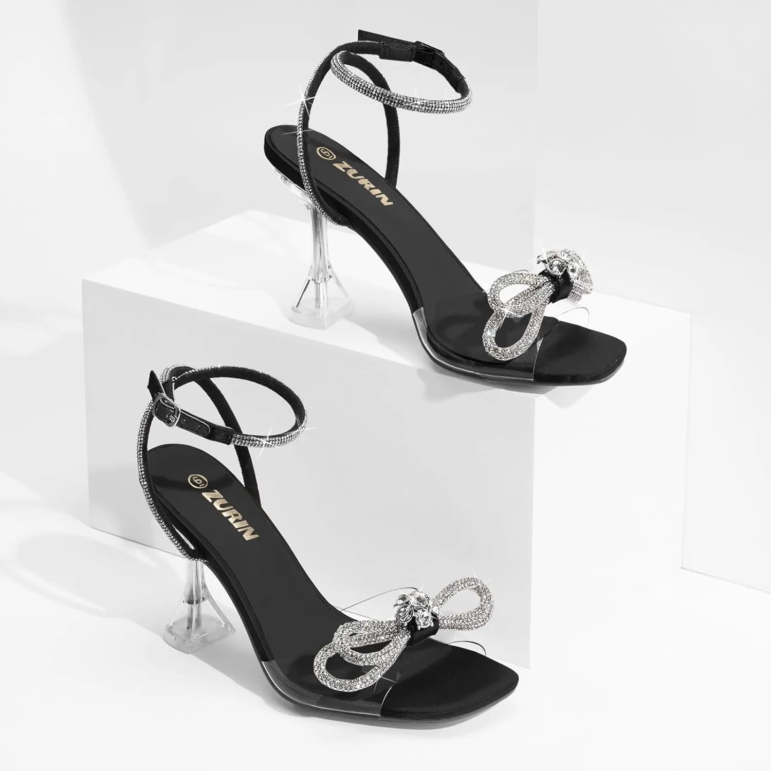 ZURIN Women's Rhinestone Bow Heels Square Toe Clear Heeled Sandals Slingback High Heels Dress Party Evening Prom Crystal Shoes
