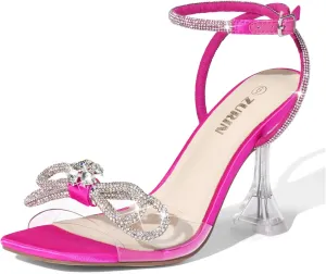 ZURIN Women's Rhinestone Bow Heels Square Toe Clear Heeled Sandals Slingback High Heels Dress Party Evening Prom Crystal Shoes