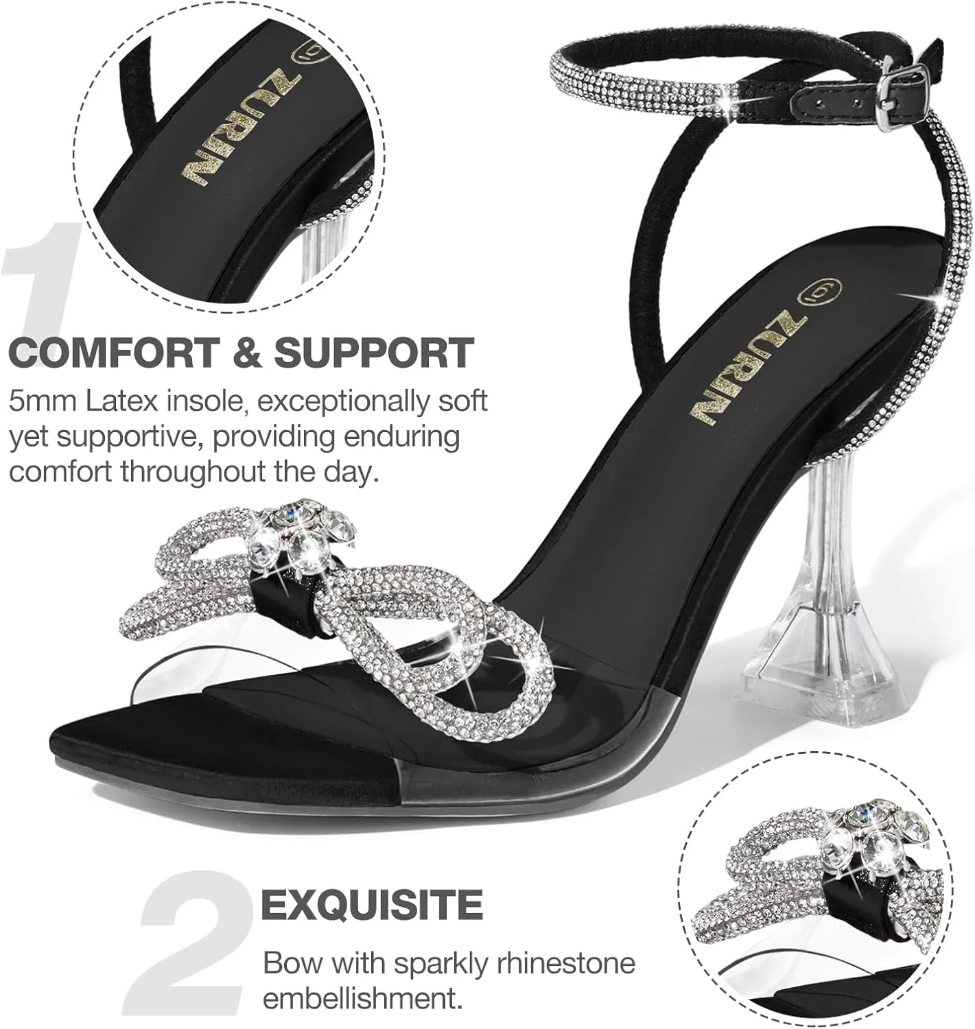 ZURIN Women's Rhinestone Bow Heels Square Toe Clear Heeled Sandals Slingback High Heels Dress Party Evening Prom Crystal Shoes
