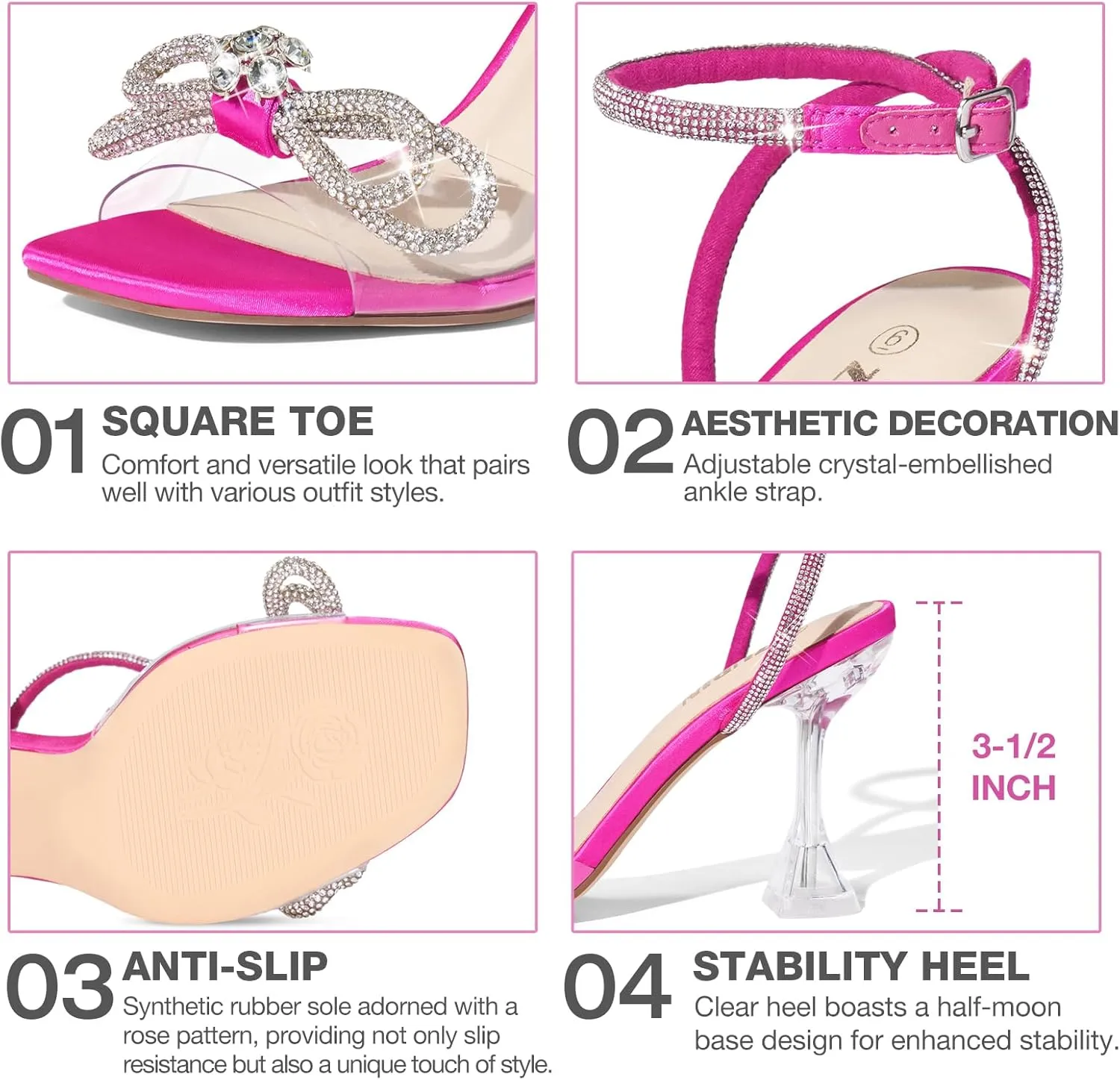 ZURIN Women's Rhinestone Bow Heels Square Toe Clear Heeled Sandals Slingback High Heels Dress Party Evening Prom Crystal Shoes